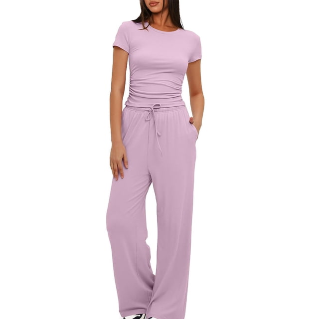 Birdeem Ensemble 2 Pcs Femme Mode Col Rond Uni Blouse à Manches Courtes + Pantalon Long Taille Élastique