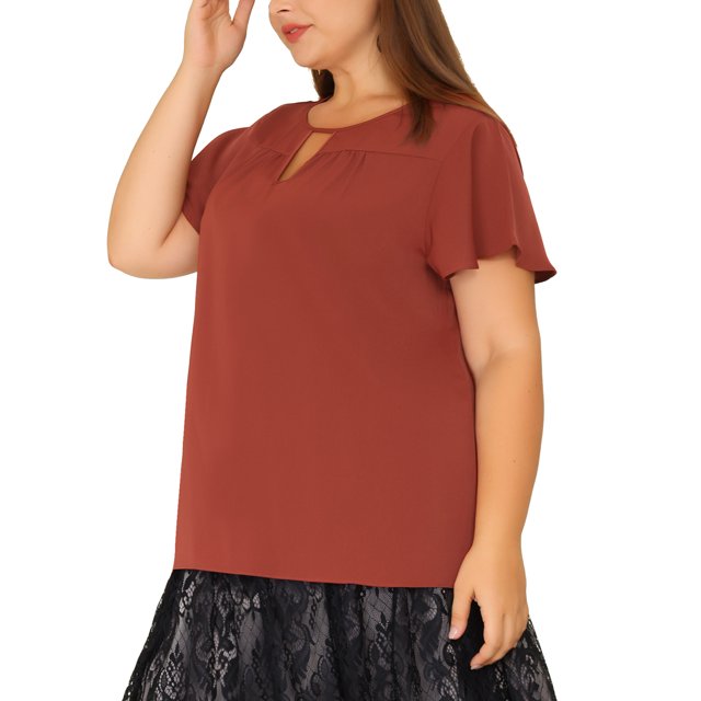 Unique Bargains Women's Plus Size Spring Relaxed Floral Chiffon Flared Short Sleeve Tops Caramel 2X