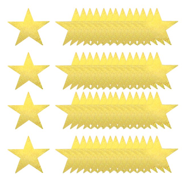 100 Pcs Laser Gold Stars Cutouts, 6 Inch Double Printed Paper Stars Cutout. Metallic gold five-pointed star shapes made of durable, double-sided printed cardboard. Each star measures 15x15cm (6x6 inches) and is perfect for crafting, paper cutouts, party decorations, backdrops, photo props, and gift tags. The package includes 100 pieces, ideal for weddings, birthdays, Christmas parties, and other events.