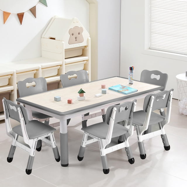 Ensemble Table pour Enfants et 6 Chaises, Bureau et Chaise pour Tout-Petits à Hauteur Réglable, Table Multi-Activités pour Enfants avec Plateau Anti-Graffiti pour 2 à 10 Ans, Max 300 Lb Ensemble Table pour Enfants et 6 Chaises, Hauteur Réglable T