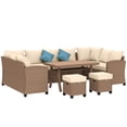 thumbnail image 1 of Outsunny 6 Pieces Patio Furniture Set, Outdoor Wicker Sofa Set, All Weather PE Rattan Conversation Furniture, with Strip Wood Grain Plastic Coffee Table & Cushions, Khaki, 1 of 10