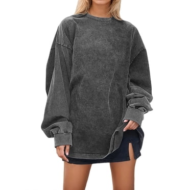 Huaizzzy Women's Heavyweight Distressed Sweatshirt Long Sleeve Crewneck Pullover Washed Loose Fit Casual Tops for Fall Winter Ladies Plaid Zip up Jacket Color Striped Hoodie Jogging Sweatshirt Women