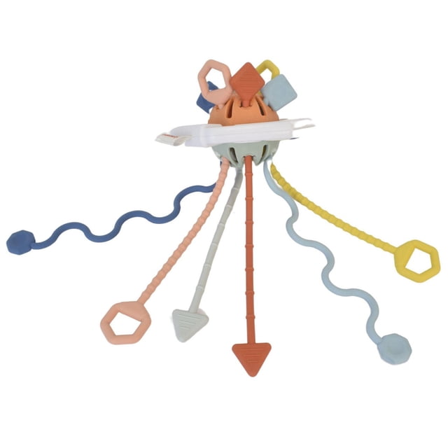 Hopscotch Lane Sensory Sticks with a central silicone hub in muted orange and green, featuring multiple colorful textured pull strings in blue, peach, white, red, light blue, and yellow, designed as an interactive infant toy to promote fine motor skills, sensory perception, and hand-eye coordination.