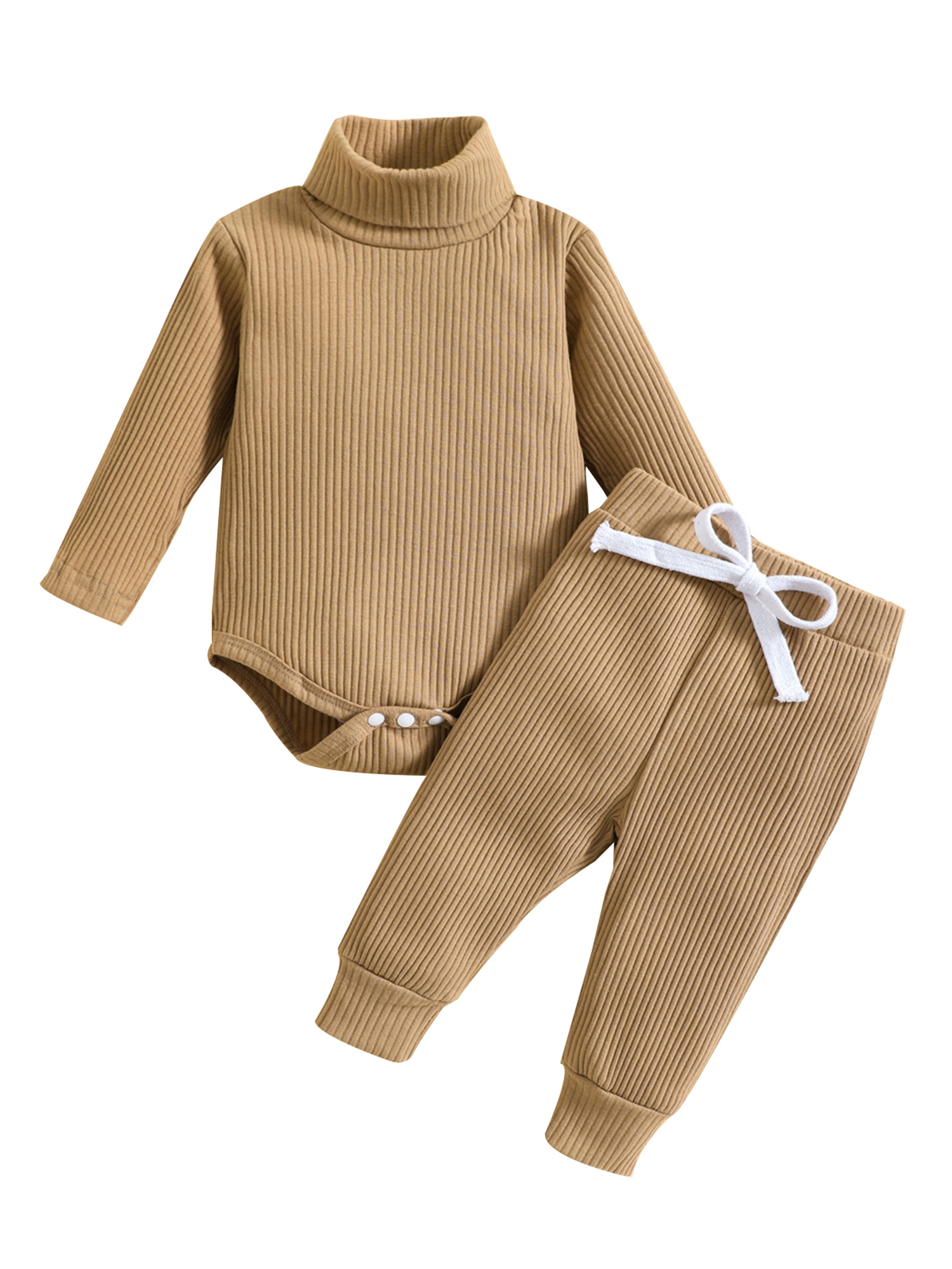 FOCUSNORM Newborn Baby 2 Pcs Fall Clothes Pants Set Baby Girl Boy Winter Ribbed High Neck Romper Pants Outfits Infant Clothing