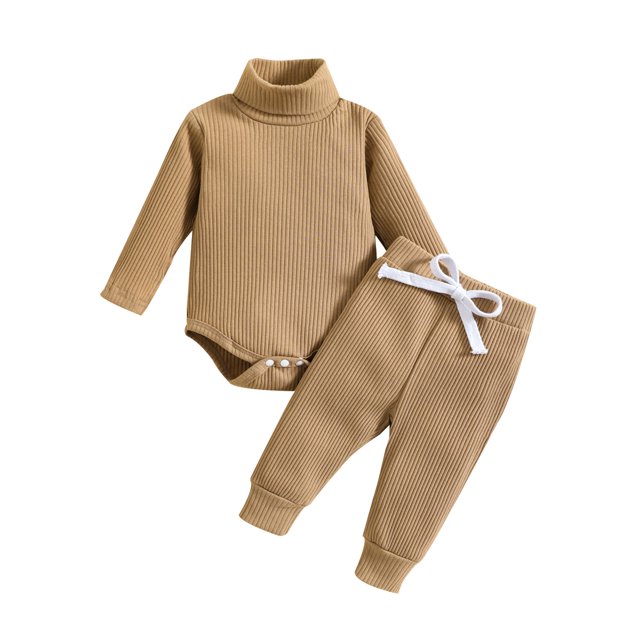 FOCUSNORM Newborn Baby 2 Pcs Fall Clothes Pants Set Baby Girl Boy Winter Ribbed High Neck Romper Pants Outfits Infant Clothing