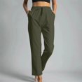thumbnail image 2 of VEKDONE Womens Drawstring Cotton Linen Pants Casual Elastic High Waisted Straight Trousers with Pockets Solid Color Lounge Long Pants Green M, 2 of 6