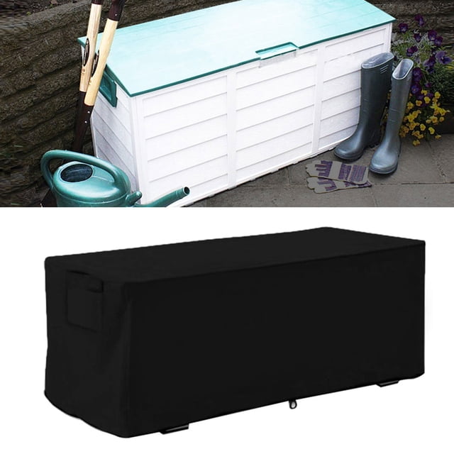 Deck Box Protective Deck Boxes Storage Patio Waterproof Outdoor Storage Box with a black waterproof cover. The cover is made of durable Oxford cloth, offering tear resistance, weather resistance, and breathability. It is lightweight, foldable, and easy to install, with an elastic folding rope and buckle for secure fit. Suitable for rainproof, snowproof, dustproof, and windproof use, making it ideal for year-round protection of patio furniture or storage benches. Includes a storage bag for convenience.