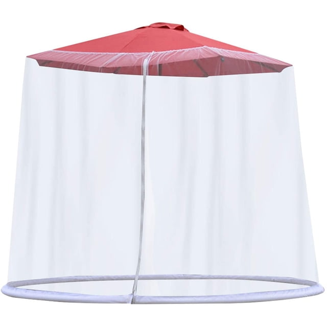 Exnemel Parasols Net, Umbrella Net Cover Screen in white, a patio umbrella accessory designed for outdoor garden parasols. Made of 100% polyester fiber, this 300x230cm mosquito net cover features a single door design with a zippered entry for easy access. The mesh provides insect control and sun protection, suitable for various umbrella types including Roman, banana, and folding canopies. The base can be filled with water for stability.