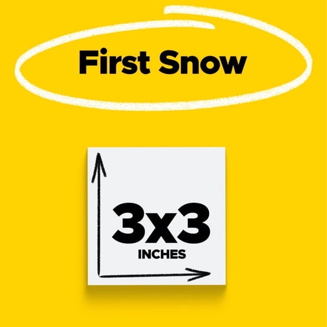 Post-it Super Sticky Notes, 3 in x 3 in (76 mm x 76 mm), White, showing a white square sticky note with black arrows indicating dimensions and '3x3 inches' text on a yellow background with 'First Snow' text circled above.