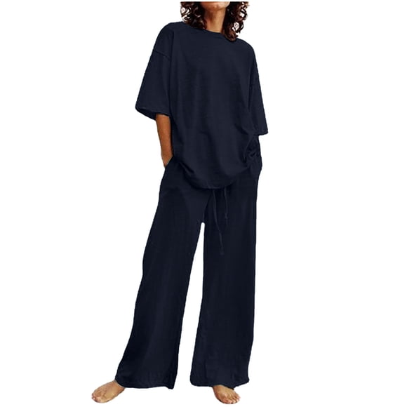 Pisexur Women's 2 Piece Outfit Cotton Linen Set for Women Short Sleeve Pullover with Drawstring Long Pants Tracksuit Jogger Set Solid Color Trousers Casual Two-Piece Suit