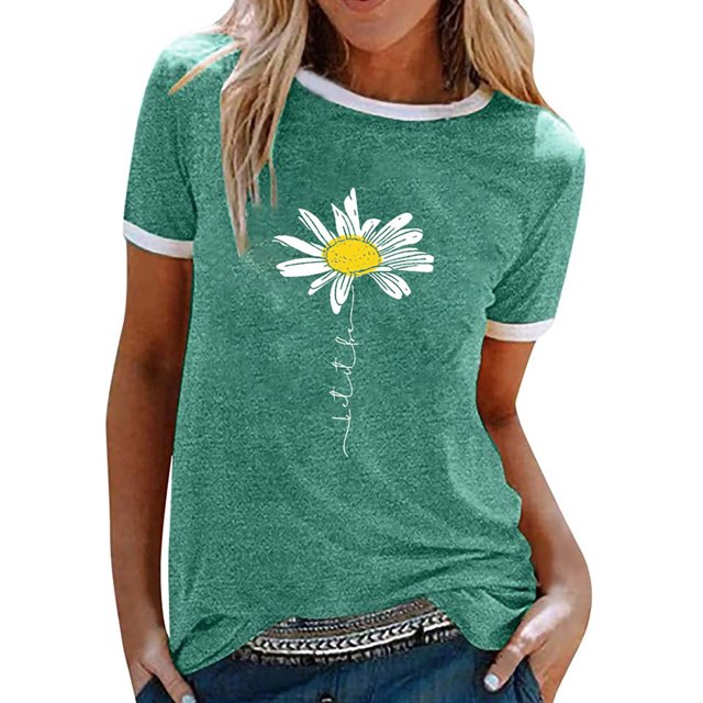 LUXUR Ladies Tops Short Sleeve T Shirt Letters Design Tee Stitched Tunic Blouse Daisy Print Pullover Green S