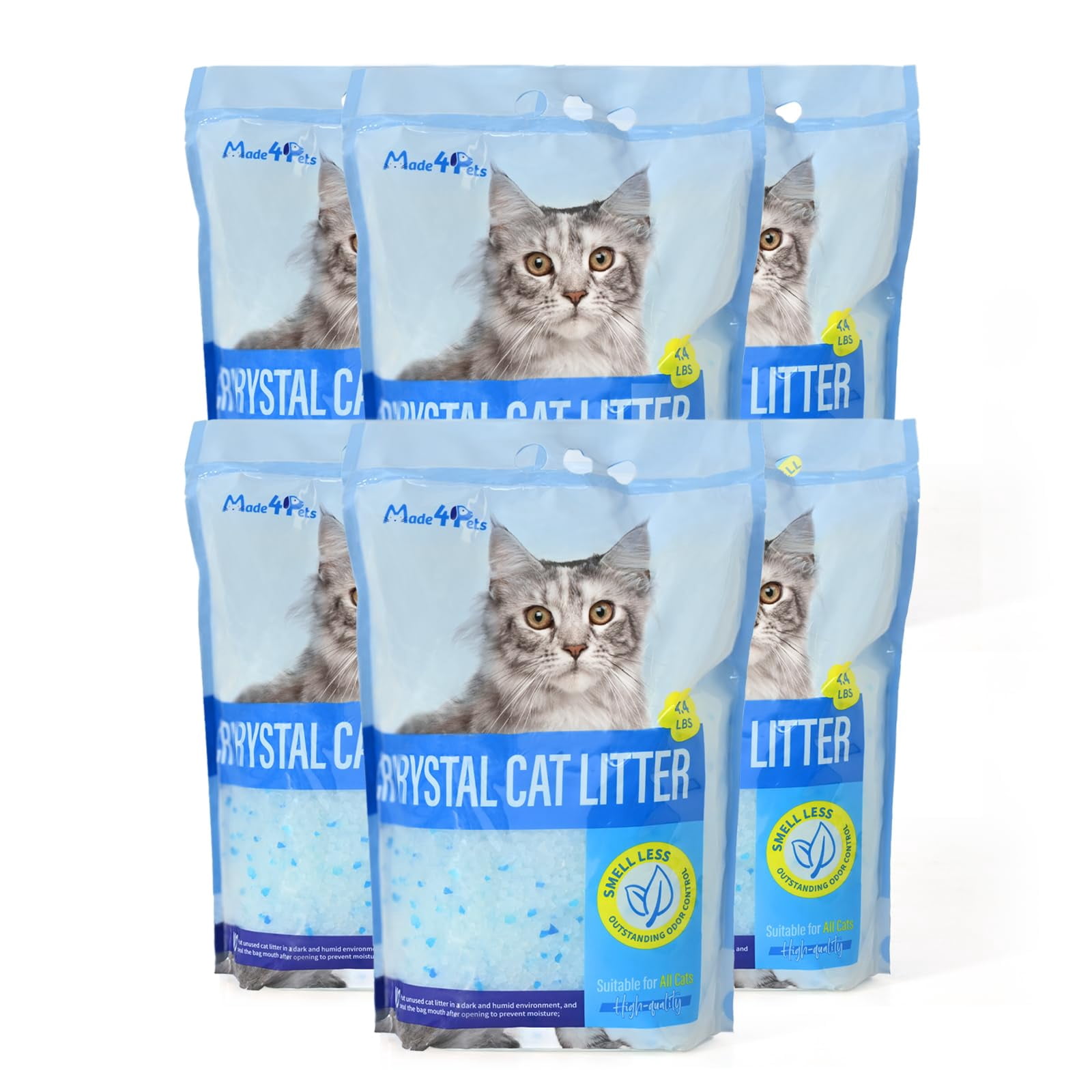 Made4Pets Cat Litter Crystals Non Clumping Cat Litter Odor Control Kitty Litter Non Clumping No scooping Low Dust Low Tracking Lightweight Dehydrates Waste - 25.8 lbs (6 x 4.3 lb Packs)