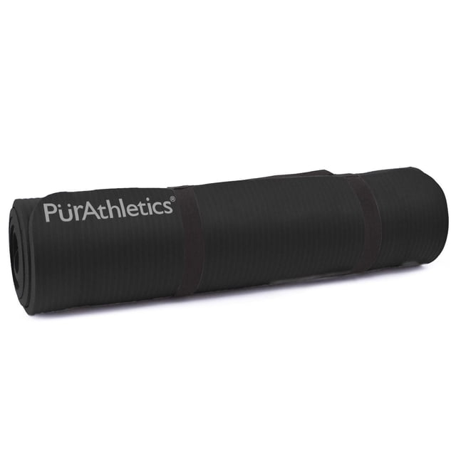 Exercice&PILATES MAT Roulé en Mousse Noire à Cellules Fermées NBR/PVC avec Sangles Extensibles et logo PurAthletics, Conçu pour Protéger la Colonne Vertébrale et Offrir une Forte traction sur les Planchers de Bois, de Carreaux et de Ciment pour la Mise en Forme Aérobique, le PILATES et la Pratique du yoga.