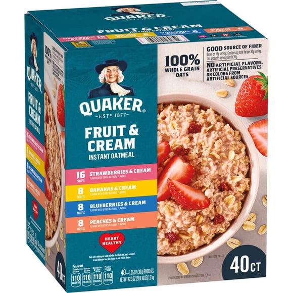 Quaker Natural Flavor Instant Oatmeal  Fruit & Cream Variety Pack, 40 Count – Strawberries, Peaches, Blueberries & Bananas and Cream Flavour