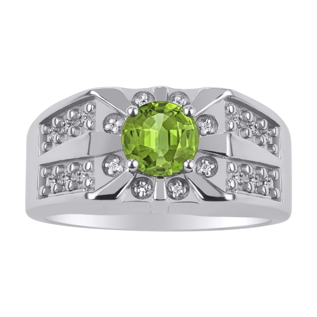 RYLOS Men's Rings Sterling Silver Designer Starburst 7MM Round Gemstone & Diamond Ring Peridot August Birthstone Rings Size 11