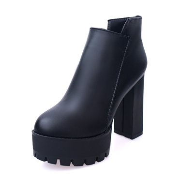 CEHVOM High Heel Low Side Zipper Women's Boots Waterproof Platform Round Toe Thick Heel Leather Boots