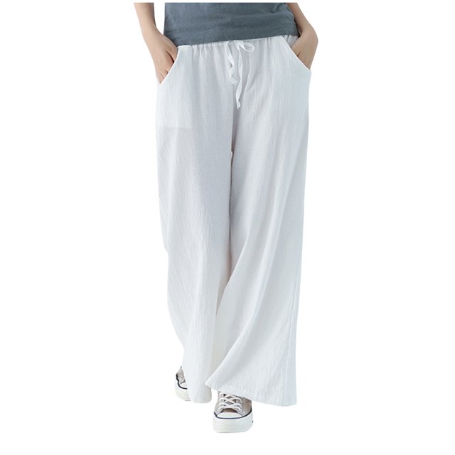 Timegard Womens Cotton Linen Pants Wide Leg Elastic Waisted Drawstring Casual Loose Trousers with Pockets