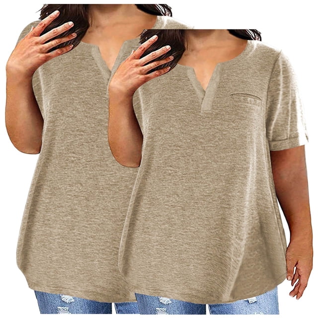Plebaso 2 Pack Hauts Grande Taille pour Femmes Col en V Manches Courtes Tee Tops Blouses Décontractées Confortables pour Femmes