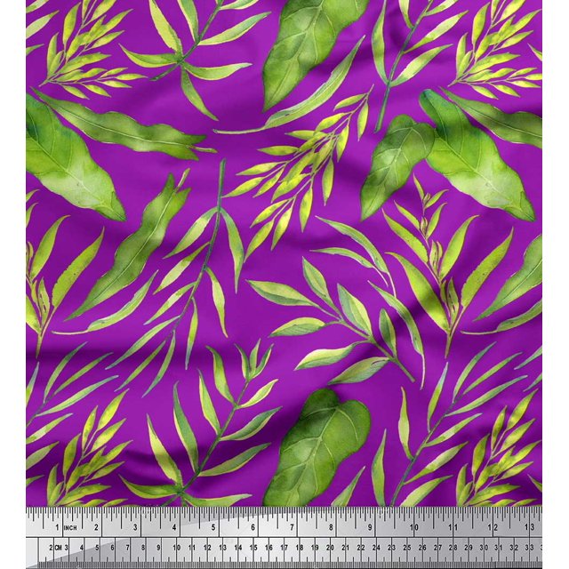 Soimoi Purple Heavy Satin Fabric Leaf Leaves Printed Fabric 1 Yard 54 Inch Wide