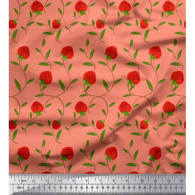 Soimoi Rayon Fabric Leaves & Strawberry Fruits Printed Craft Fabric by the Yard 56 Inch Wide