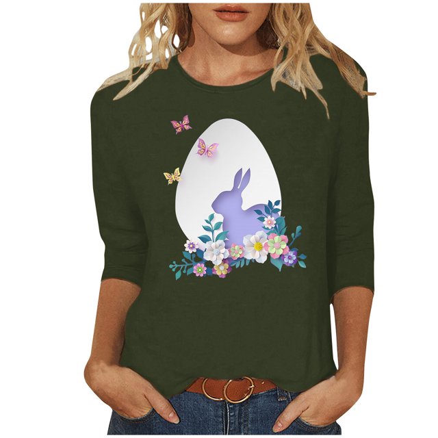 RKSTN Hauts pour Femmes Pâques Mignon Lapin Imprimé Coupe Ample Hauts Col Rond Manches 3/4 Printemps Été Blouse Douce Hauts