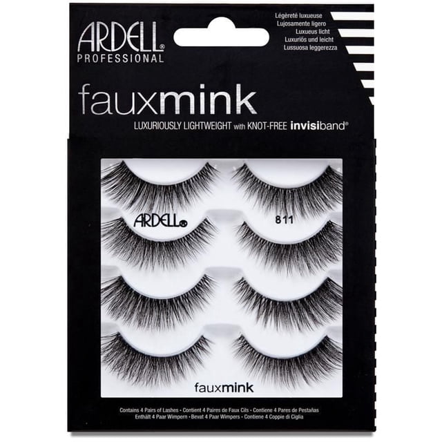 Ardell® Faux Mink Wipeis - 811 Multipack with four pairs of luxuriously lightweight false eyelashes featuring knot-free Invisiband® lash bands for dramatic volume and length, presented in black and white packaging with Ardell branding, ideal for enhancing eye makeup or special occasions.
