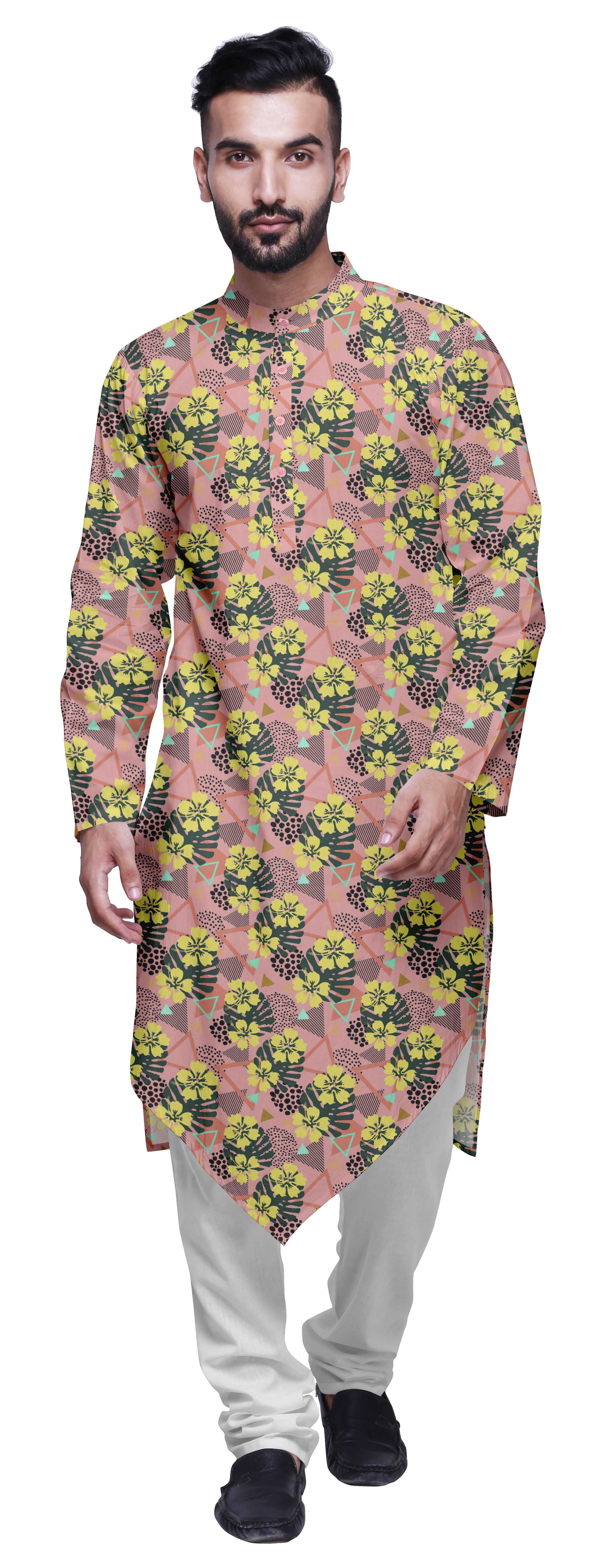 Atasi Printed Long Sleeve Kurta For Men Mandarin Collar Ethnic Long Kurta For Boys