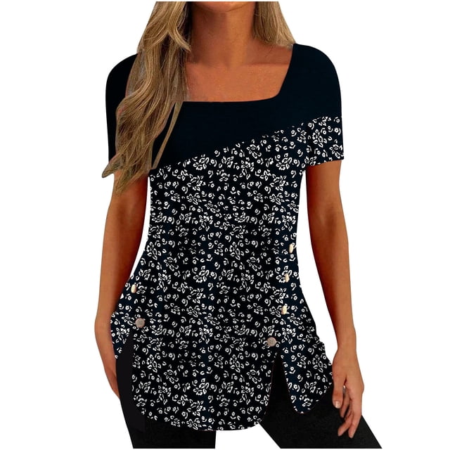 Birdeem Fashion Womens Casual Printed Square Neck Short Sleeve Buttons Tops Loose Blouses