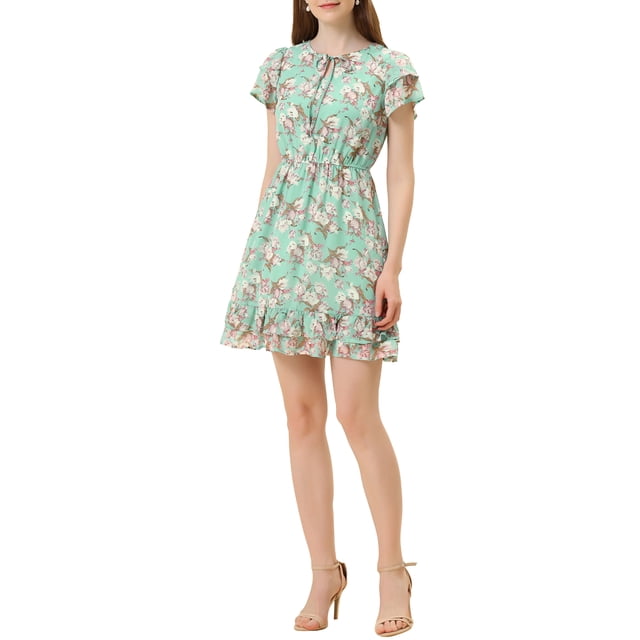INSPIRE CHIC Women's Ruffle Sleeve Self-Tie V Neck Above Knee Ruffled A-Line Floral Chiffon Dress L Green