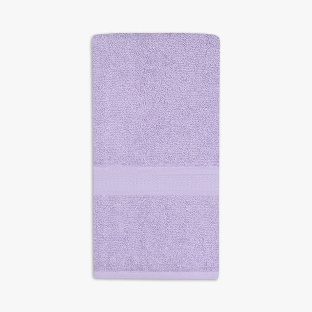 Mainstays Basics Solid Hand Towel in light purple, 100% cotton, 16 by 26 inches, with a textured band near the bottom, soft and absorbent for daily bathroom use, also suitable as a guest towel or for kitchen use.