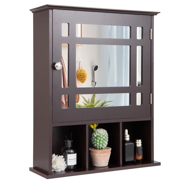Gymax Armoire à Pharmacie Murale Miroir avec Tablette Réglable et Rangement Supérieur, Brun