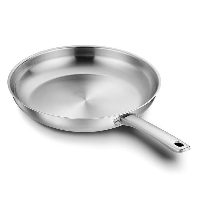 Koch Systeme CS 12 inch stainless steel frying pan, a professional-grade skillet with a polished finish and riveted handle. Features an aluminum core for fast, even heating, induction compatibility, and oven safety up to 450°F. Easy to clean and suitable for various cooktops.