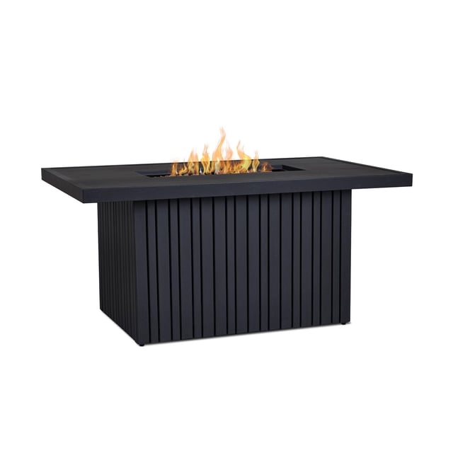 Calvin 52" Rectangle Metal Propane Fire Pit Table with Hidden Tank in Black Coral, featuring a black aluminum rectangular fire table with vertical slat base, 50,000 BTU adjustable propane burner, concealed 20 lb tank, and suitable for outdoor heating and patio use.