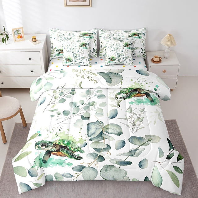 YST Cartoon Sea Turtle Twin Comforter Set 7 Pieces Ocean Wildlife Bedding Comforter Sets, Spring Bed in a Bag Eucalyptus Leaf Bedding Set, Marine Animal Theme Bed Sheets Set Kids Room Decor