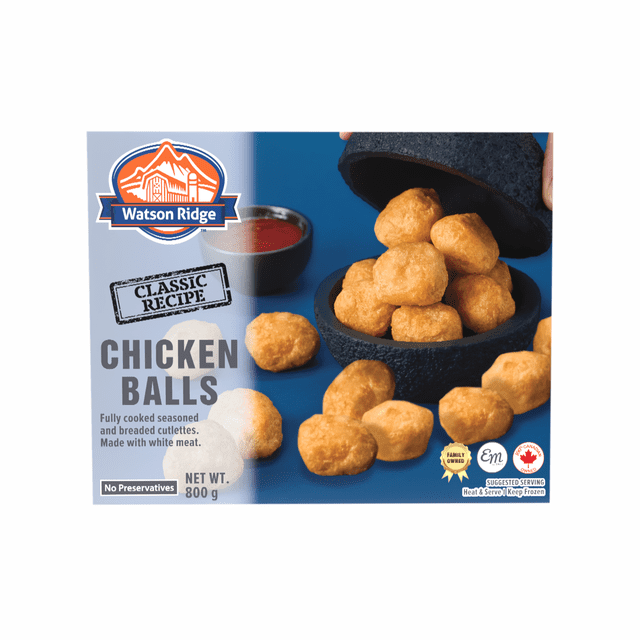 Watson Ridge Chicken Balls fully cooked, seasoned, and breaded white meat cutlettes shown in a black bowl with some pieces scattered on a blue surface and a small bowl of red dipping sauce in the background, 800 g package with no preservatives and Canadian origin labels, suitable for frozen appetizer snacks.