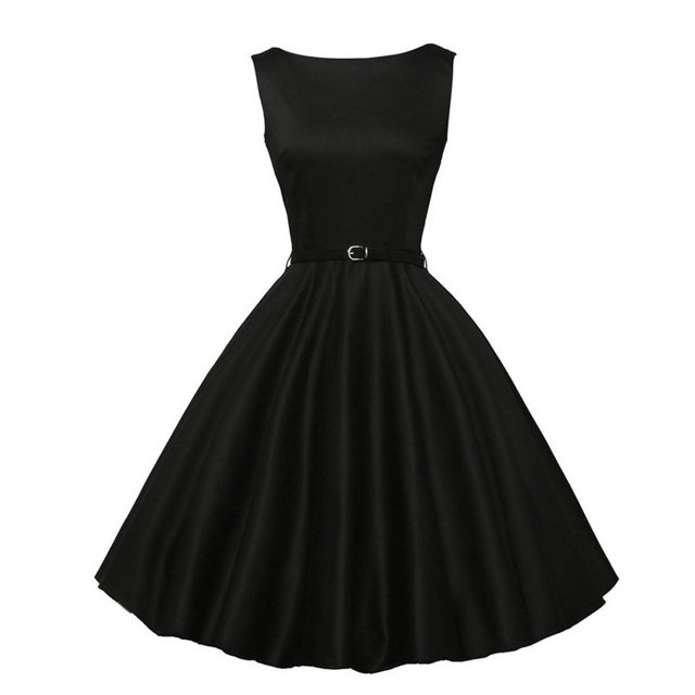 Pompotops Ladies' Solid Color Short-Sleeved O-Neck High-Waisted Big Swing Party Dress