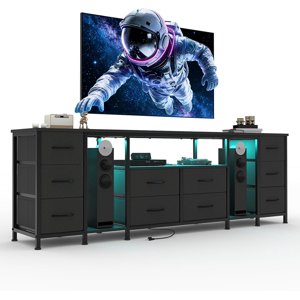 10 Dressing tiroir TV Support avec tiroirs en tissu Power Outlets et LED Lumières pour 75-in TV Chambre à coucher Noir