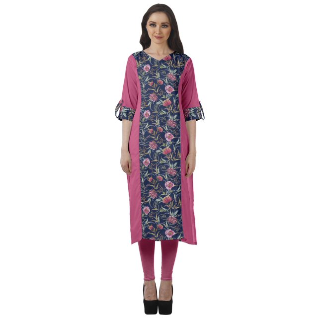 Moomaya Tunique Droite à Col en V pour Femmes, Manches Roulées, Kurta en Coton Imprimé