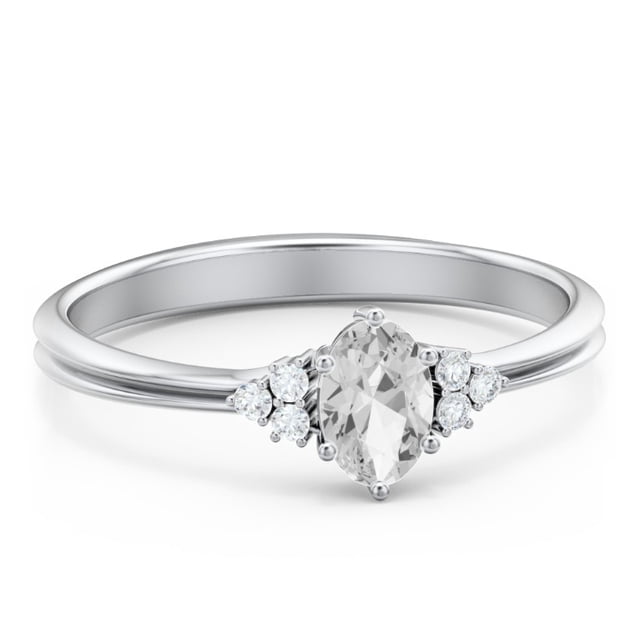 Birthstone Oval Ring with Shoulder Accents - Diamond/White Topaz (April)