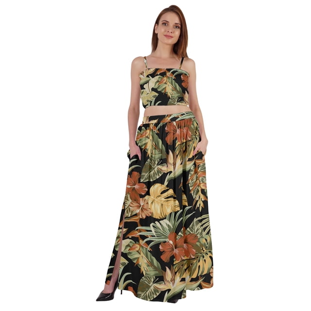 Bimba Ensemble Coordonné 2 Pcs Robe Aguichant de Plage et de Fête pour Femmes, Haut Court Imprimé Smocké et Jupe Longue