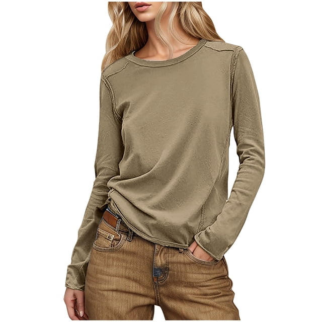 Yanlir Haut à Dos Patchwork pour Femmes Manches Longues Col Rond Décontracté Couleur Unie Confortable Extensible Chemise de Travail (Kaki1,TG)