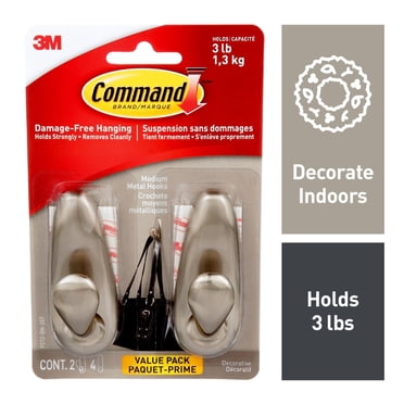 Command Forever Classic Large Metal Hooks, Brushed Nickel, Damage Free Decorating, 2 Hooks