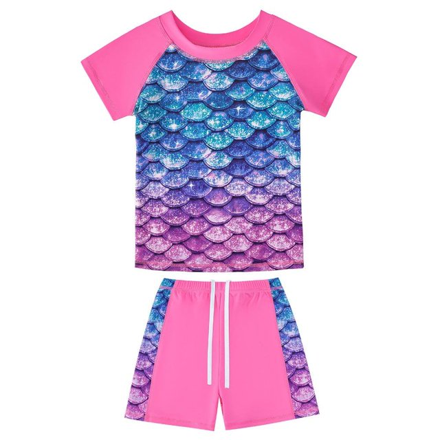 Girls Rash Guard 2-Piece Swimwear Fish Scale Pattern Swimwear Upf 50+ Uv for 4-12Y