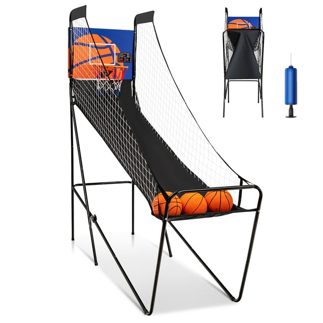 Costway Foldable Single Shot Basketball Arcade Game with electronic scorer, durable steel frame, and tear-resistant Oxford ball return ramp. Includes three basketballs, a pump, and folds compactly for game room storage or party use.