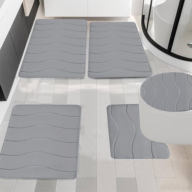 Fridja Bathroom Rugs 5 Piece - Absorbent Memory Foam Bath Mat for Bathroom, Non-Slip, Machine Washable, Dries Quickly, Bathroom Mat Set Gray