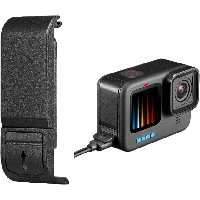 SURJDE Replacement Side Door for GoPro Hero 10 and Hero 9 cameras, made of durable POM plastic. The removable battery case cover features a Type-C charging port and dust plug, allowing for continuous shooting and time-lapse recording while keeping the battery secure. The image shows the side door alongside a GoPro Hero camera with the charging cable connected.