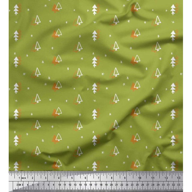 Soimoi Green Poly Georgette Fabric Tree Christmas Printed Fabric 1 Yard 52 Inch Wide