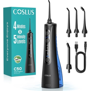 COSLUS Cordless Water Flosser: 4 Modes & 5 Intensity levels, Portable for Travel, 4 Tips for Family Use, BPA-Free (Black)