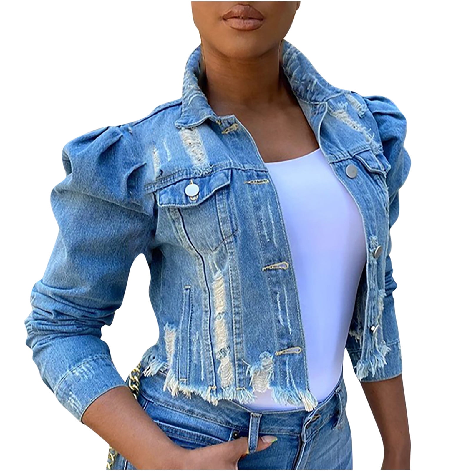 CEHVOM Veste en Denim pour Femmes, Courte, à Revers, Effilochée, à Boutons, à Manches Bouffantes, Coupe Ajustée