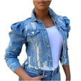 thumbnail image 2 of Veste en Denim pour Femmes, Courte, à Revers, Effilochée, à Boutons, à Manches Bouffantes, Coupe Ajustée, 2 of 6